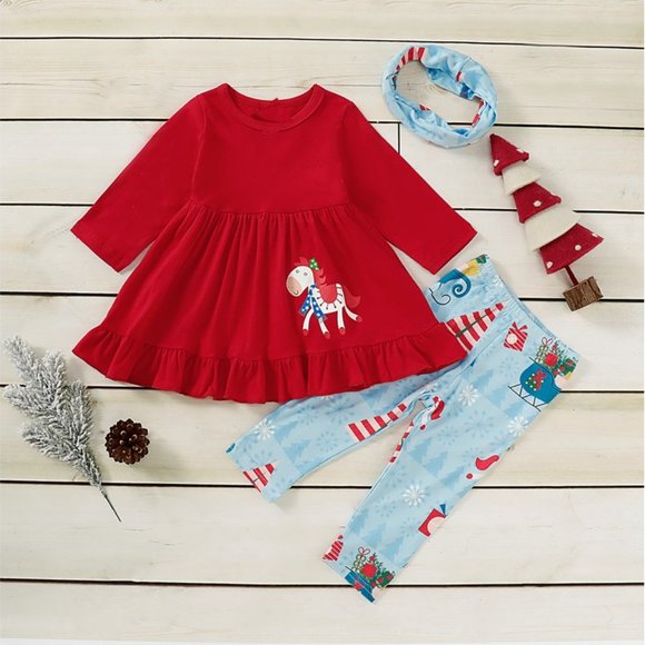 Girl Christmas Long Sleeve Sleeper Pajamas Outfit Clothes Dress Matching Set - Picture 1 of 9
